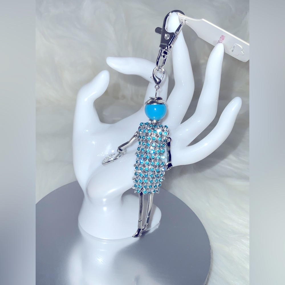 Women Car Key Holder, Bag Charm. Little Doll With Rhinestones and Pearl.